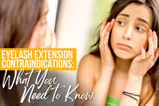 Woman examining her reflection in the mirror and identifying potential eyelash extension contraindications