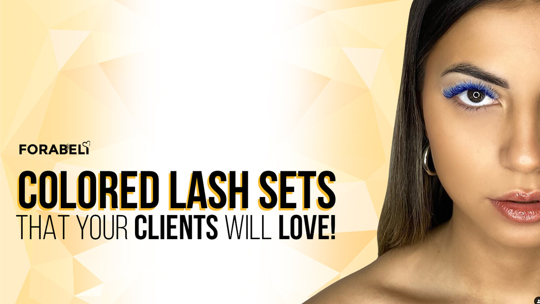 On the right of the image is a half face image of a woman wearing blue colored eyelash extension while on the left is a text type as “Colored Lash Sets that Your Clients Will Love!”