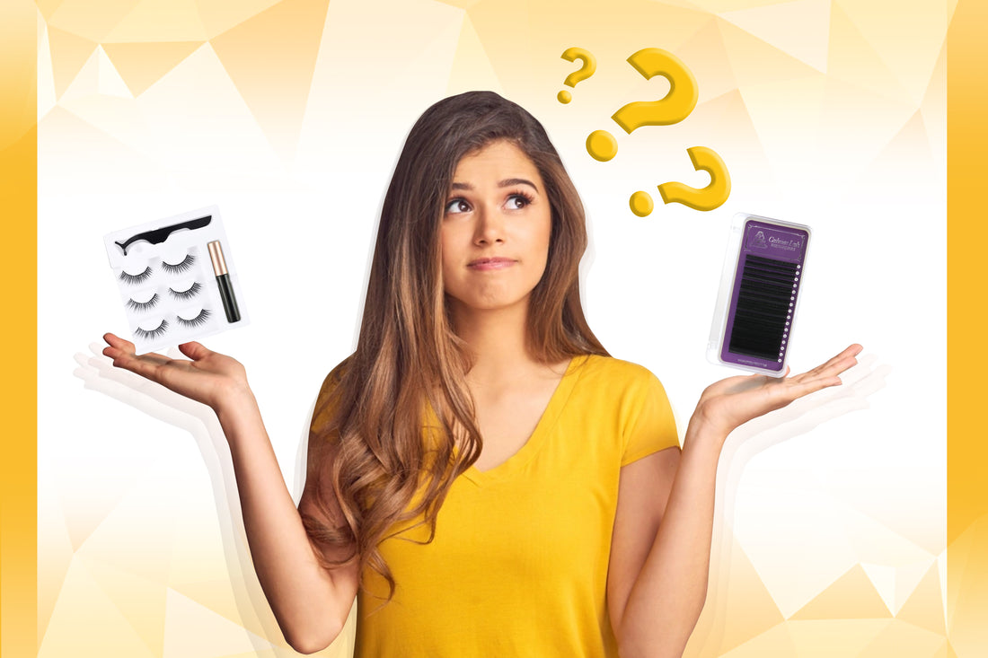 Image of a woman confused between lash extensions and magnetic lashes
