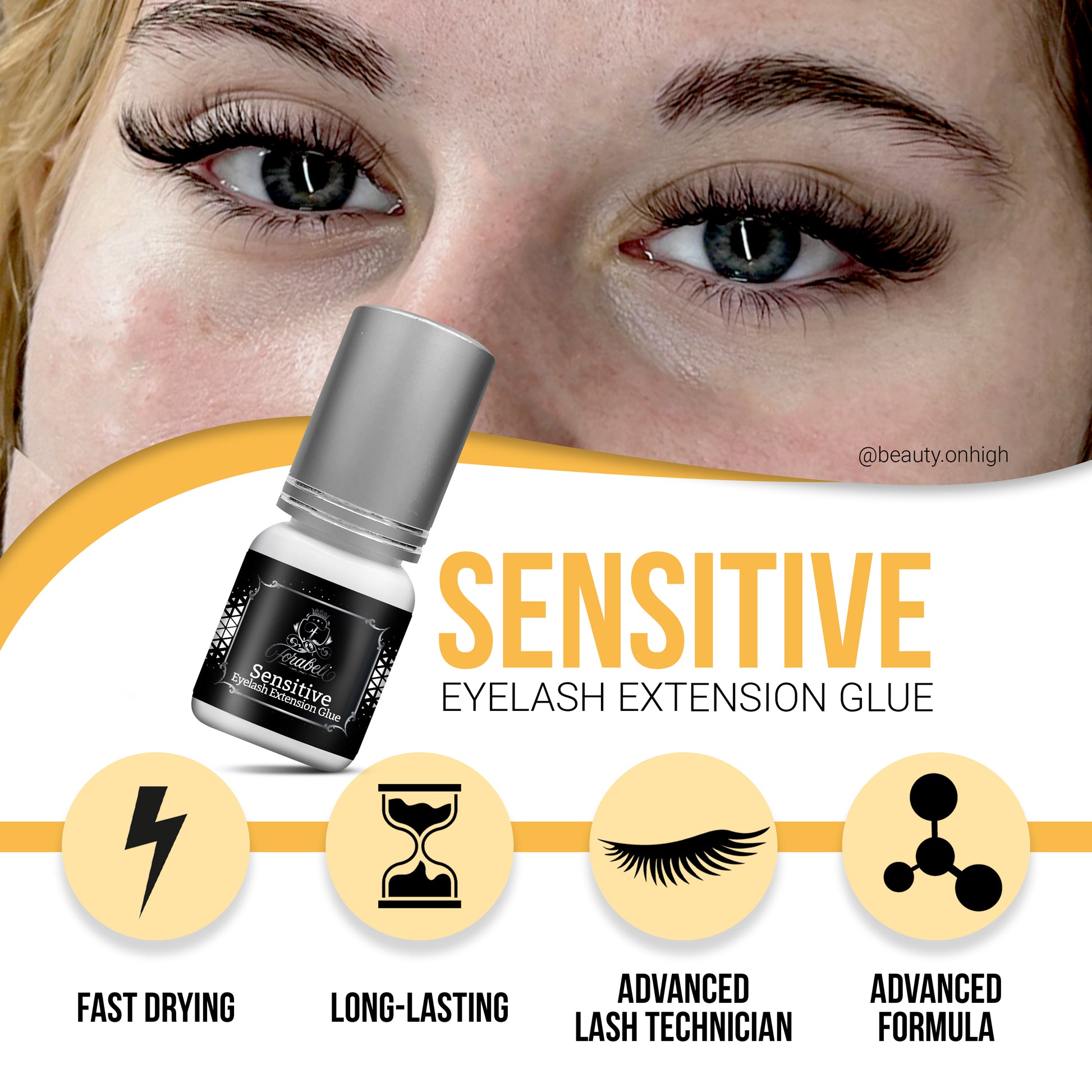 Forabeli Semi-Sensitive Eyelash Extension Glue is ideal for sensitive eyes and beginner technicians. It dries in 4-5 seconds and lasts up to 5 weeks. Best used at 40-70% humidity and 70-74°F (21-23°C) temperature. It's formaldehyde-free and latex-free.