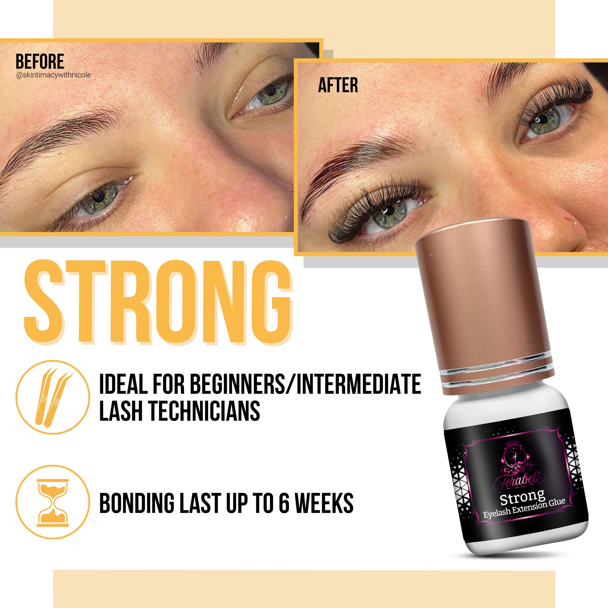 Strong eyelash extension glue with a fast-drying feature, and long-lasting hold, designed for advanced lash technicians and formulated with an advanced adhesive formula.