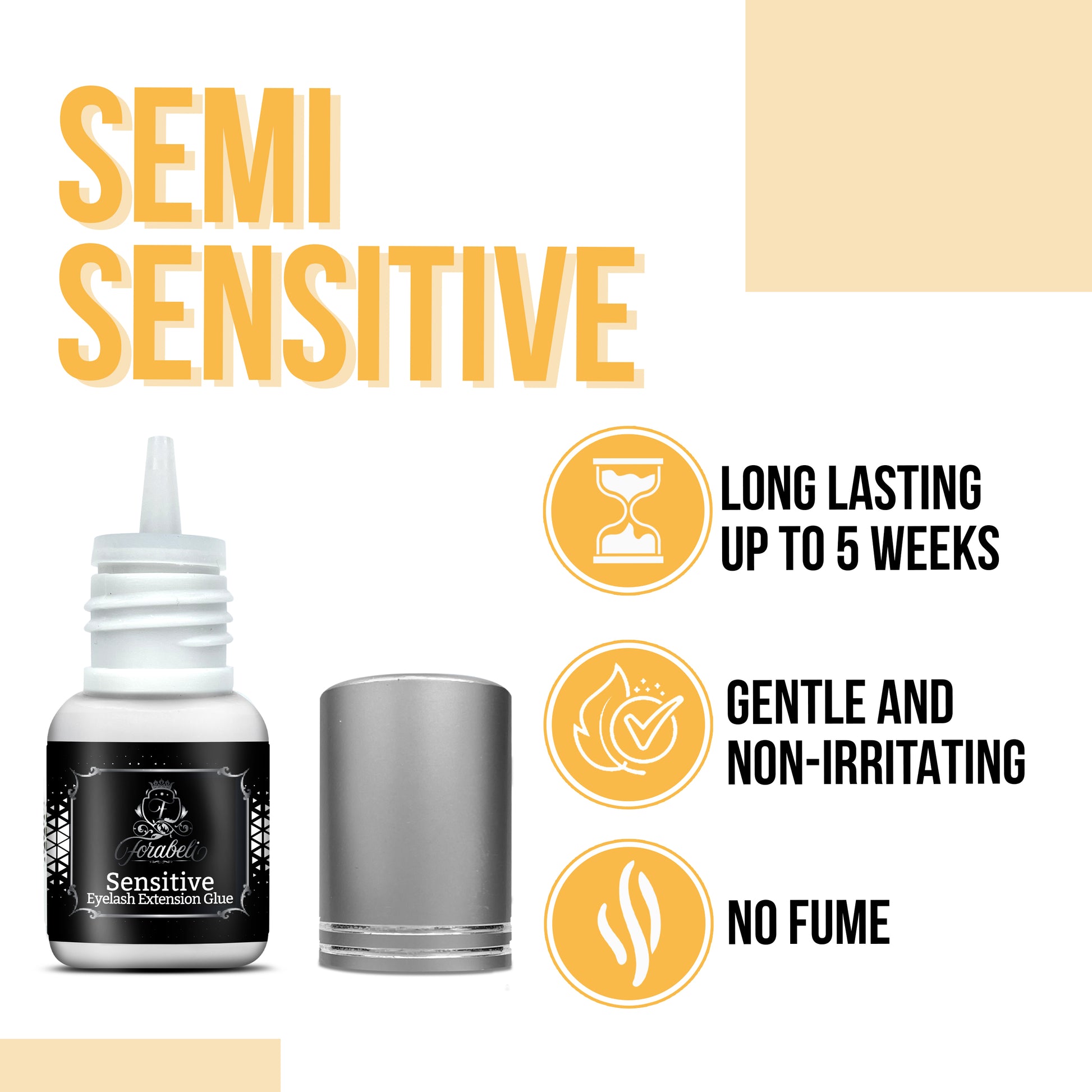 Forabeli Semi-Sensitive Eyelash Extension Glue is ideal for sensitive eyes and beginner technicians. It dries in 4-5 seconds and lasts up to 5 weeks. Best used at 40-70% humidity and 70-74°F (21-23°C) temperature. It's formaldehyde-free and latex-free.