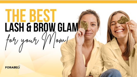 On the right side of the image shows a mother and daughter holding an eye patch while on the left side shows a text typed as “The Best Lash and Brow Glam for your Mom!”.