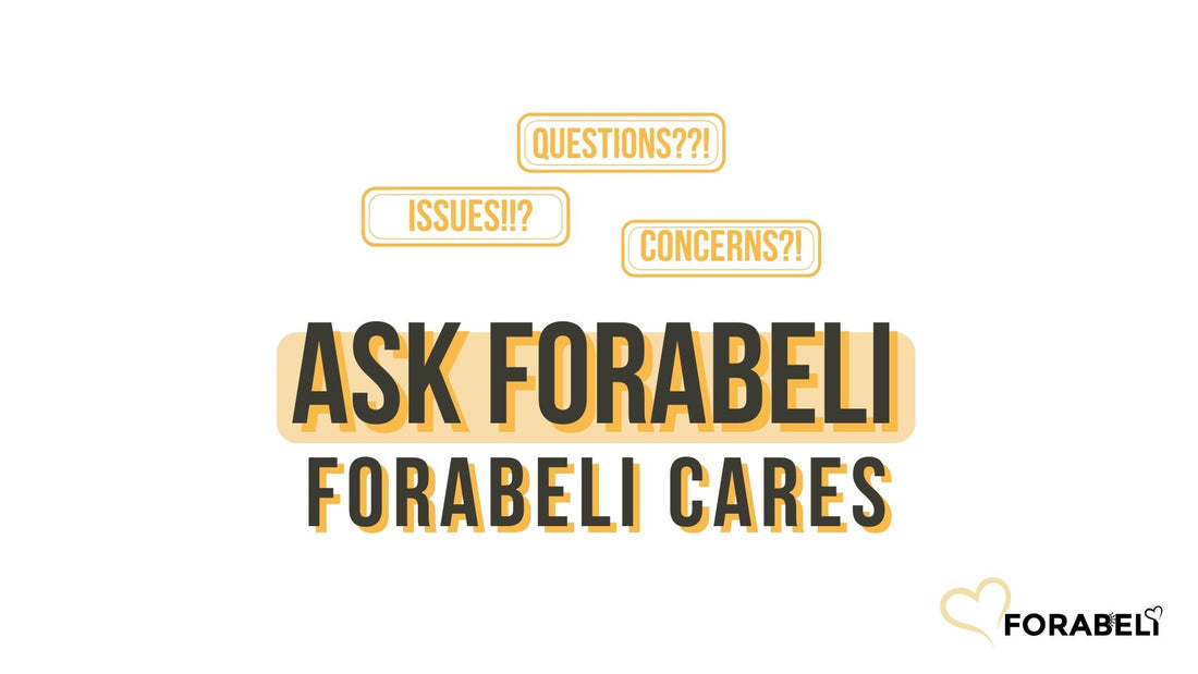 Written texts colored as black and yellow and can be read as follows: Questions, Issues, Concerns?! Ask Forabeli. Forabeli Cares