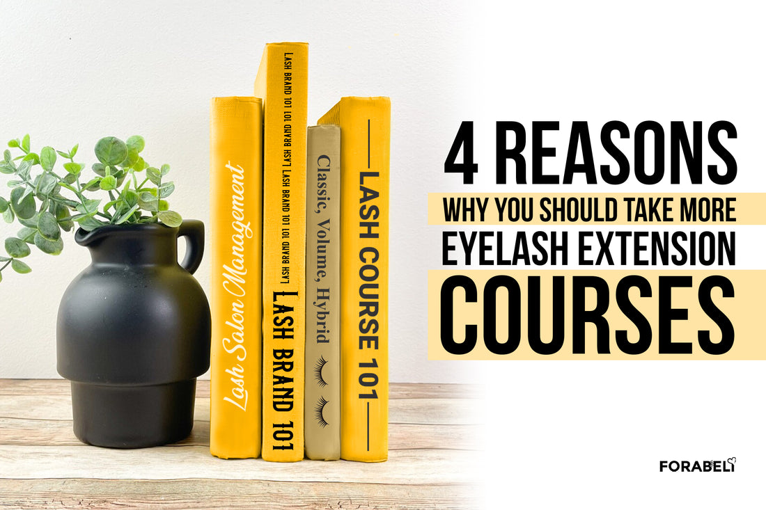 Text "4 REASONS WHY YOU SHOULD TAKE MORE EYELASH EXTENSION COURSES" with a piled of books in a shelf and a black vase with flowers