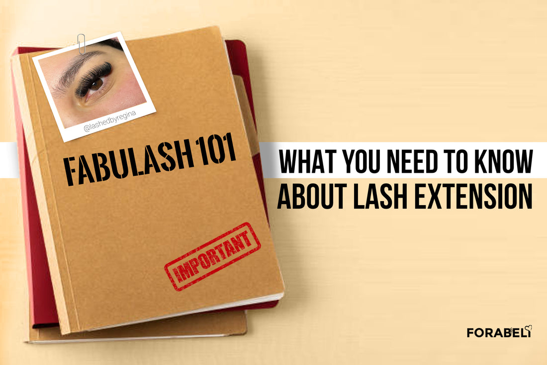 Brown folder with text on cover "Fabulash 101", with image of eyelashes clipped to the folder and stamped "Important"; text on the side "What You Need to Know about Lash Extension"