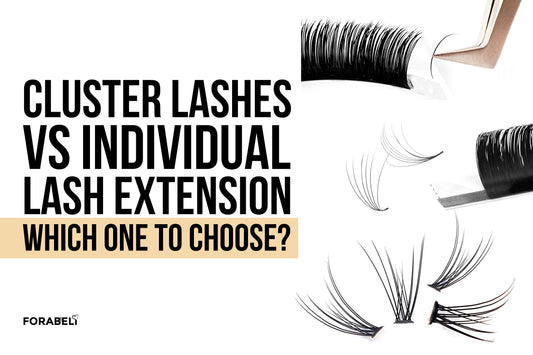 Text "Cluster Lashes vs Individual Lash Extension: Which one to choose?" With synthetic lashes