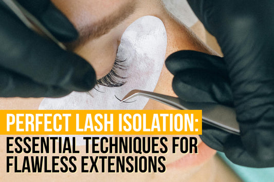 Image of a woman having a lash extension and a lash technician carefully isolates the woman's natural lashes with isolation tweezers.