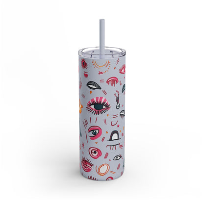 Abstract Lash Doodle Pattern | What happens in the salon stays in the salon | Tumbler with Straw | Stainless Steel Tumbler | Skinny Tumbler hot & cold drinks | Tumbler with all around print | Skinny Matte Tumbler, 20oz