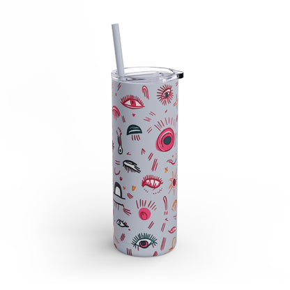 Abstract Lash Doodle Pattern | What happens in the salon stays in the salon | Tumbler with Straw | Stainless Steel Tumbler | Skinny Tumbler hot & cold drinks | Tumbler with all around print | Skinny Matte Tumbler, 20oz