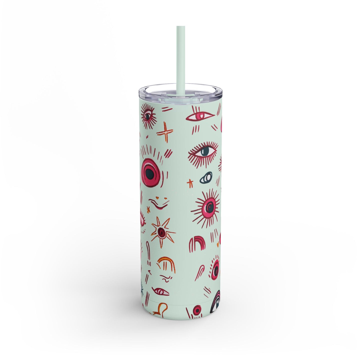 Abstract Lash Doodle Pattern | What happens in the salon stays in the salon | Tumbler with Straw | Stainless Steel Tumbler | Skinny Tumbler hot & cold drinks | Tumbler with all around print | Skinny Matte Tumbler, 20oz