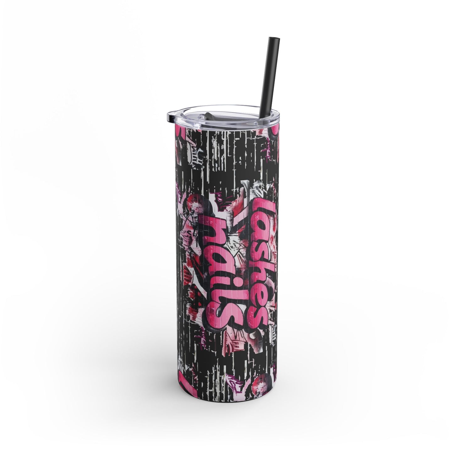 Graffiti Lashes & Nails | What happens in the salon stays in the salon | Tumbler with Straw | Stainless Steel Tumbler | Skinny Tumbler hot & cold drinks | Tumbler with all around print | Skinny Matte Tumbler, 20oz