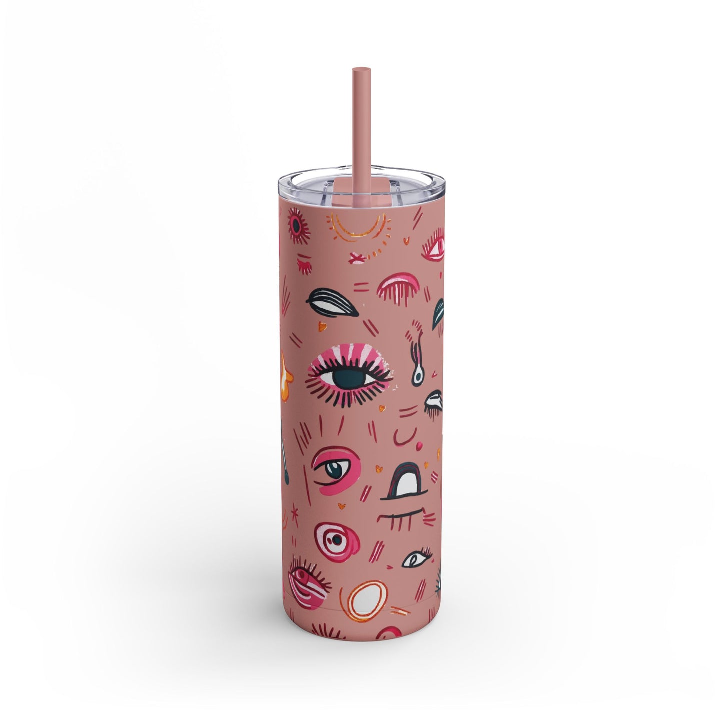 Abstract Lash Doodle Pattern | What happens in the salon stays in the salon | Tumbler with Straw | Stainless Steel Tumbler | Skinny Tumbler hot & cold drinks | Tumbler with all around print | Skinny Matte Tumbler, 20oz