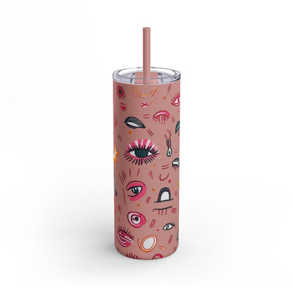 Abstract Lash Doodle Pattern | What happens in the salon stays in the salon | Tumbler with Straw | Stainless Steel Tumbler | Skinny Tumbler hot & cold drinks | Tumbler with all around print | Skinny Matte Tumbler, 20oz