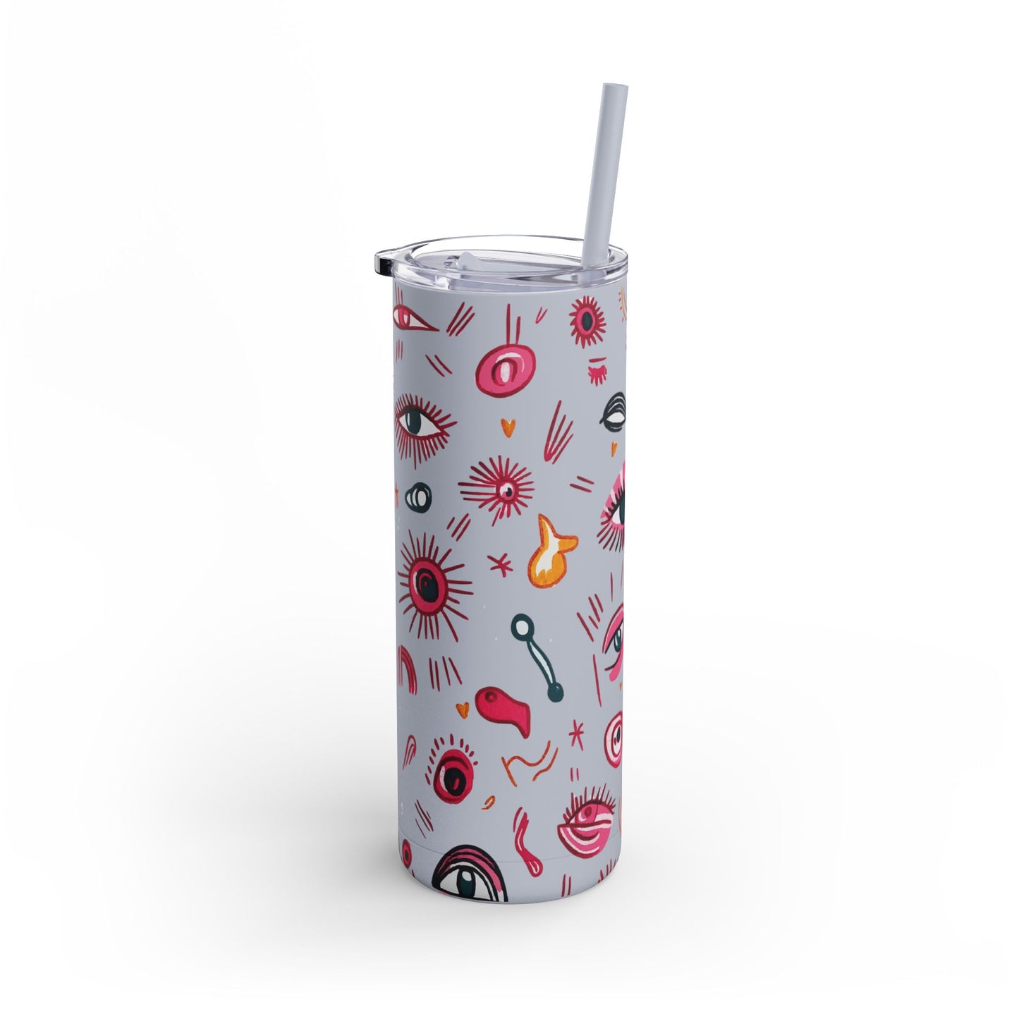 Abstract Lash Doodle Pattern | What happens in the salon stays in the salon | Tumbler with Straw | Stainless Steel Tumbler | Skinny Tumbler hot & cold drinks | Tumbler with all around print | Skinny Matte Tumbler, 20oz