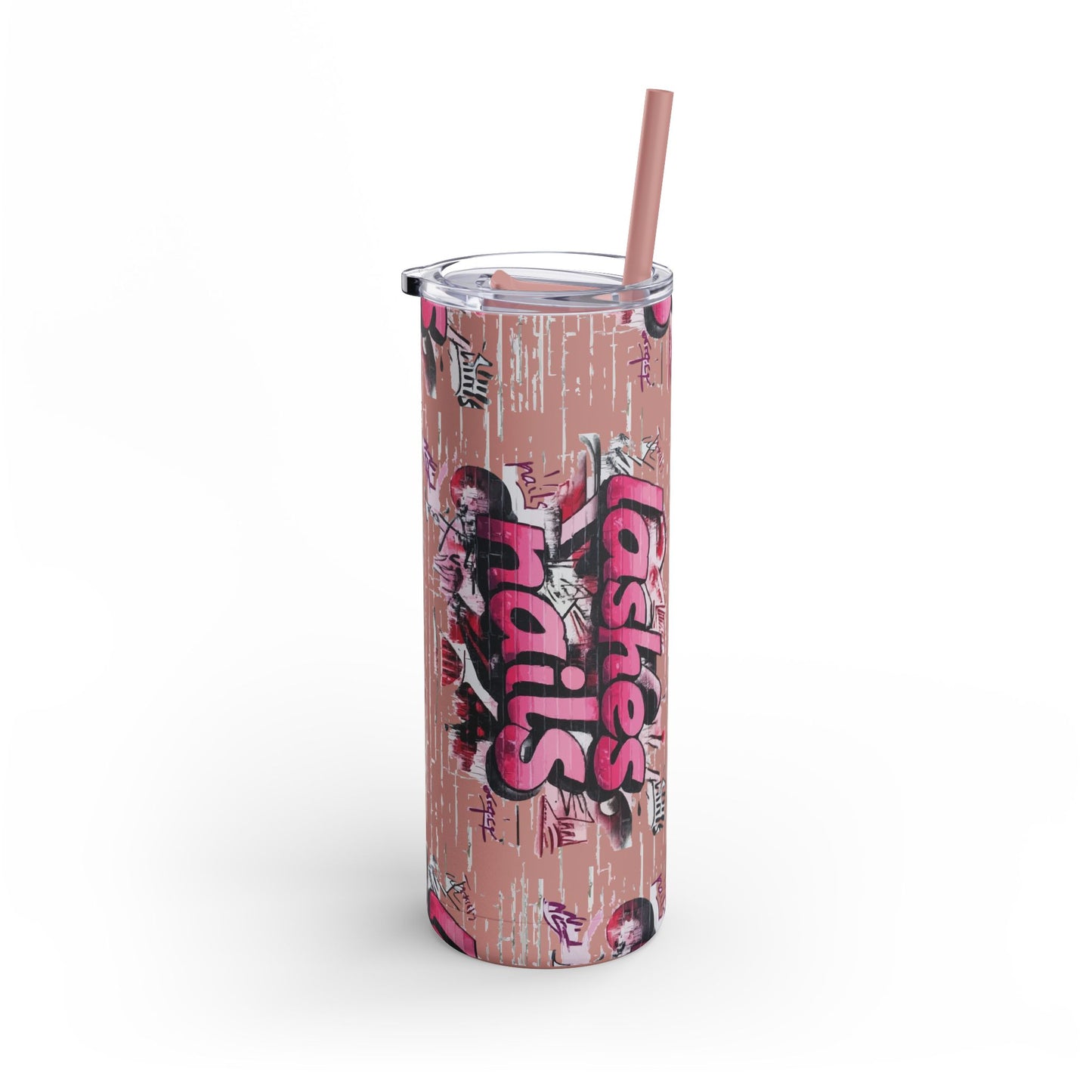 Graffiti Lashes & Nails | What happens in the salon stays in the salon | Tumbler with Straw | Stainless Steel Tumbler | Skinny Tumbler hot & cold drinks | Tumbler with all around print | Skinny Matte Tumbler, 20oz