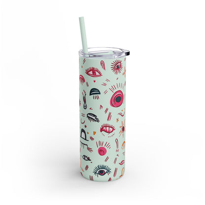 Abstract Lash Doodle Pattern | What happens in the salon stays in the salon | Tumbler with Straw | Stainless Steel Tumbler | Skinny Tumbler hot & cold drinks | Tumbler with all around print | Skinny Matte Tumbler, 20oz