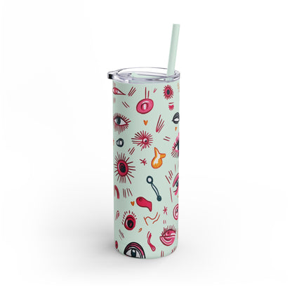 Abstract Lash Doodle Pattern | What happens in the salon stays in the salon | Tumbler with Straw | Stainless Steel Tumbler | Skinny Tumbler hot & cold drinks | Tumbler with all around print | Skinny Matte Tumbler, 20oz