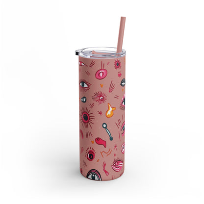 Abstract Lash Doodle Pattern | What happens in the salon stays in the salon | Tumbler with Straw | Stainless Steel Tumbler | Skinny Tumbler hot & cold drinks | Tumbler with all around print | Skinny Matte Tumbler, 20oz