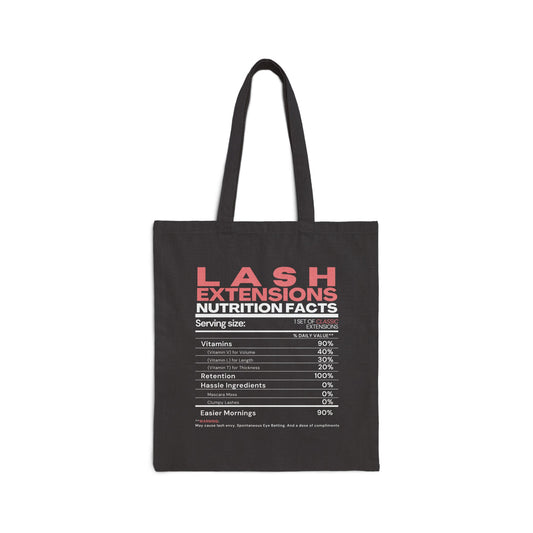 Lash Extensions Nutrition Facts | Lash Barcode | 2 Sided Print | Cotton Canvas Tote Bag | Lash Tote