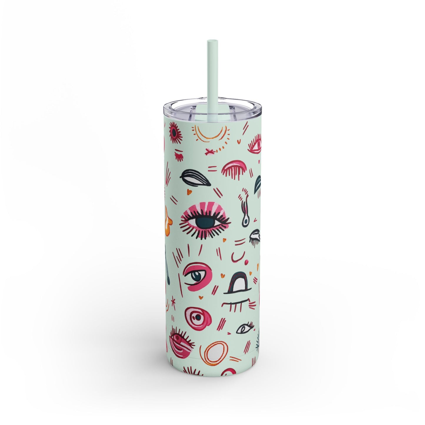 Abstract Lash Doodle Pattern | What happens in the salon stays in the salon | Tumbler with Straw | Stainless Steel Tumbler | Skinny Tumbler hot & cold drinks | Tumbler with all around print | Skinny Matte Tumbler, 20oz