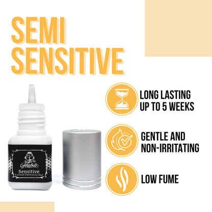 Forabeli Semi-Sensitive Eyelash Extension Glue is ideal for sensitive eyes and beginner technicians. It dries in 4-5 seconds and lasts up to 5 weeks. Best used at 40-70% humidity and 70-74°F (21-23°C) temperature. It's formaldehyde-free and latex-free.