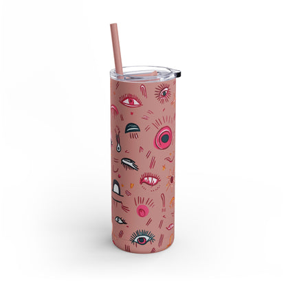 Abstract Lash Doodle Pattern | What happens in the salon stays in the salon | Tumbler with Straw | Stainless Steel Tumbler | Skinny Tumbler hot & cold drinks | Tumbler with all around print | Skinny Matte Tumbler, 20oz