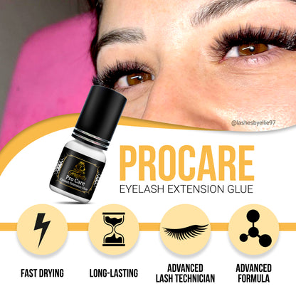 Procare eyelash extension glue with fast-drying feature, long-lasting hold, designed for advanced lash technicians, and formulated with an advanced adhesive formula.