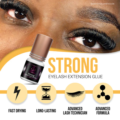 Strong eyelash extension glue with a fast-drying feature, and long-lasting hold, designed for advanced lash technicians and formulated with an advanced adhesive formula.