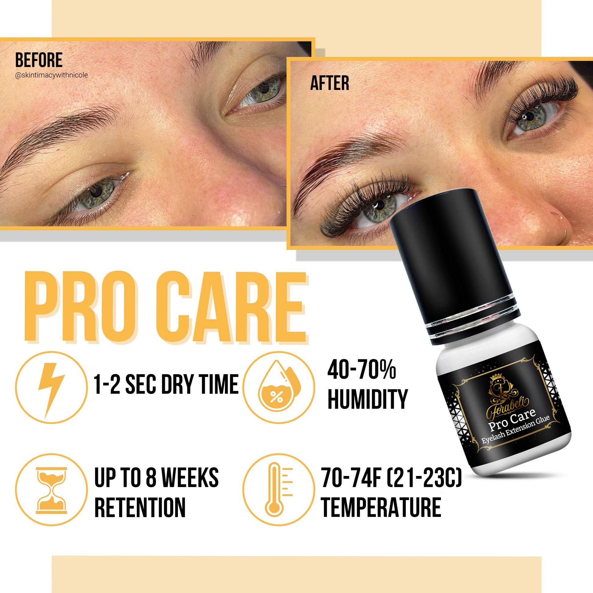 Procare eyelash extension glue with fast-drying feature, long-lasting hold, designed for advanced lash technicians, and formulated with an advanced adhesive formula.