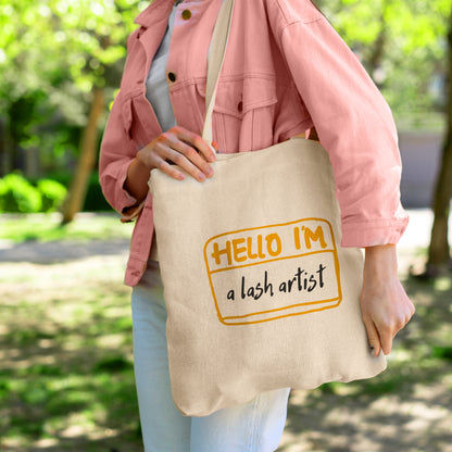 Cotton Canvas Tote Bag | Hello I'm a lash artist | Name Tag | sac fourre-tout | Lash Extensions | Lashes | Reusasble Bag | Black Tote Bag