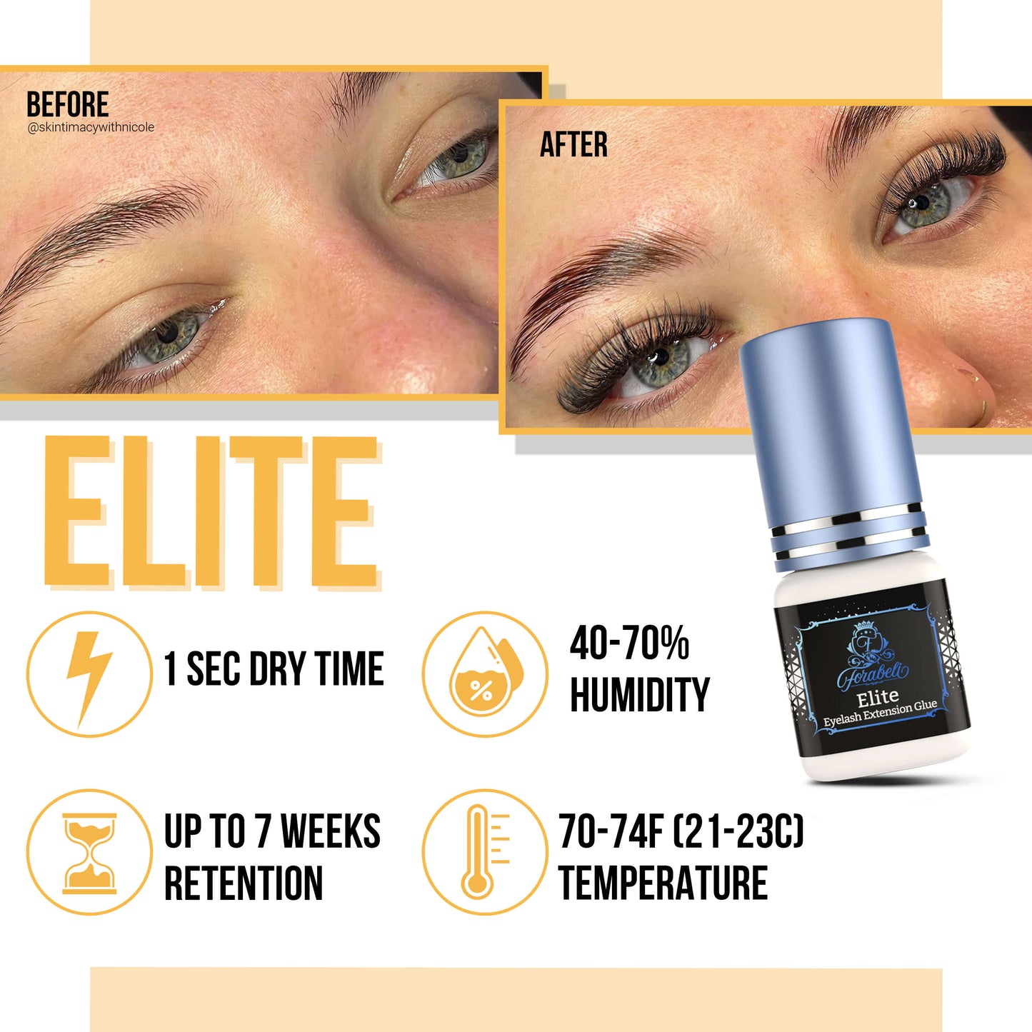 Elite eyelash extension glue with a rapid drying time of 1 second, impressive retention lasting up to 7 weeks. Ideal for environments with 40-70% relative humidity and temperatures between 70-74°F (21-23°C).