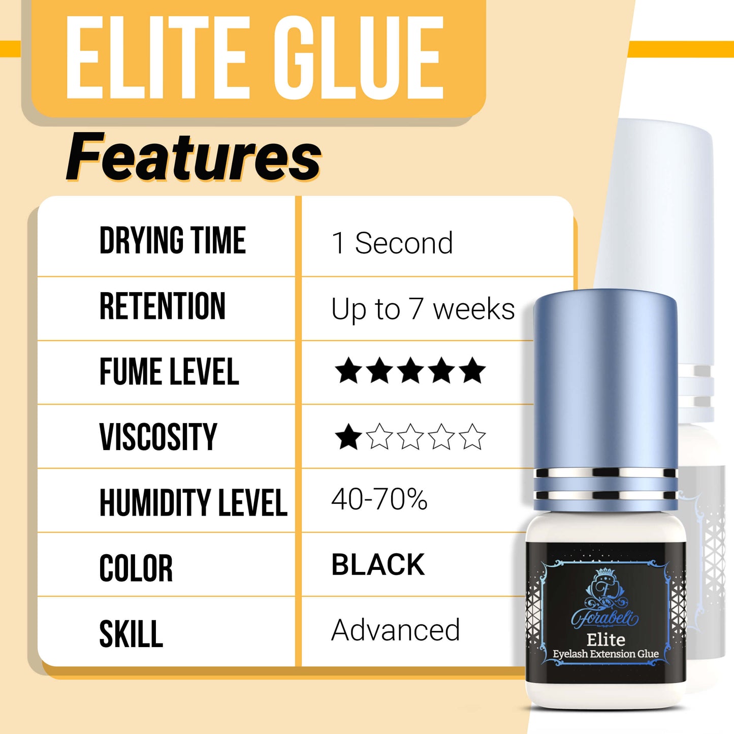 Elite eyelash extension adhesive with rapid drying time (1 second), impressive retention up to 7 weeks, low fume for minimized reaction risk, thin viscosity for a natural look, optimal performance in 40-70% relative humidity and 70-74°F (21-23°C), classic black color, designed for 2-3 years of expertise, water & sweat-resistant formula. Free from latex, cruelty, and formaldehyde.