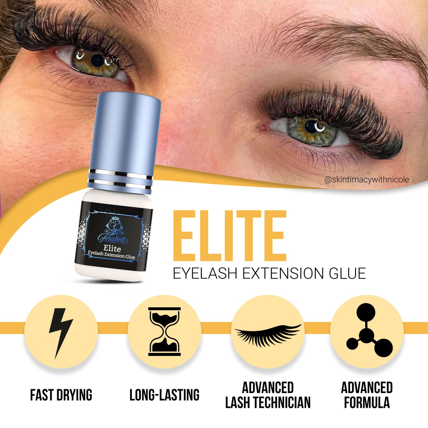 Eyelash extension glue with fast-drying feature, long-lasting hold, designed for advanced lash technicians, and formulated with an advanced adhesive formula.