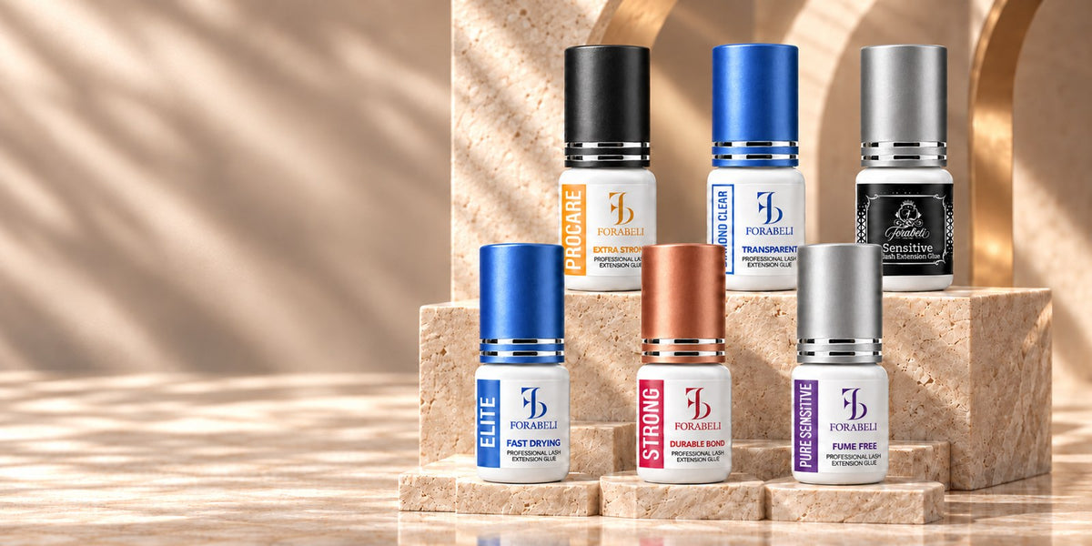 Six Forabeli professional lash extension glues, with Pure Sensitive in the foreground