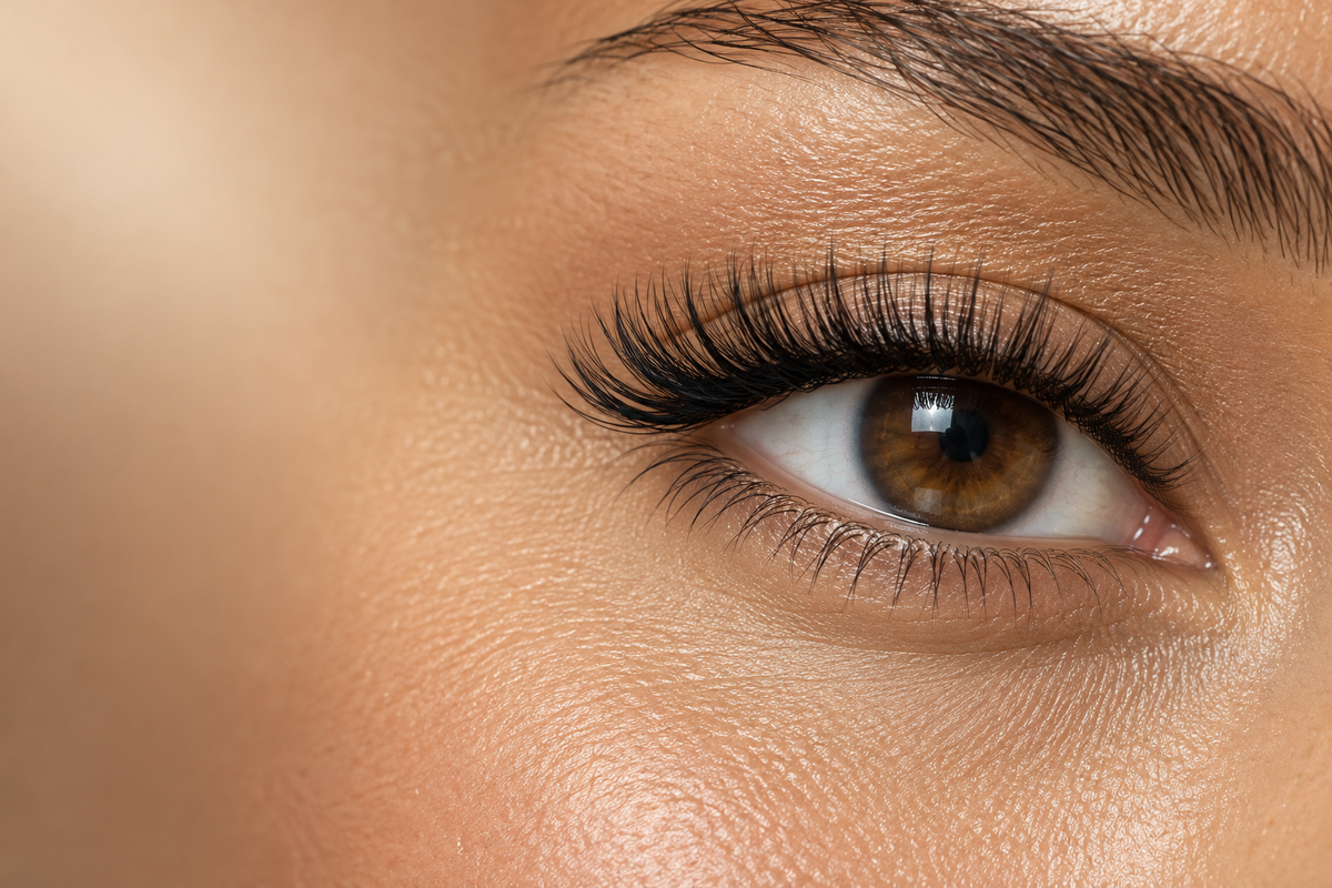 Brand-created editorial close-up of a finished lash look