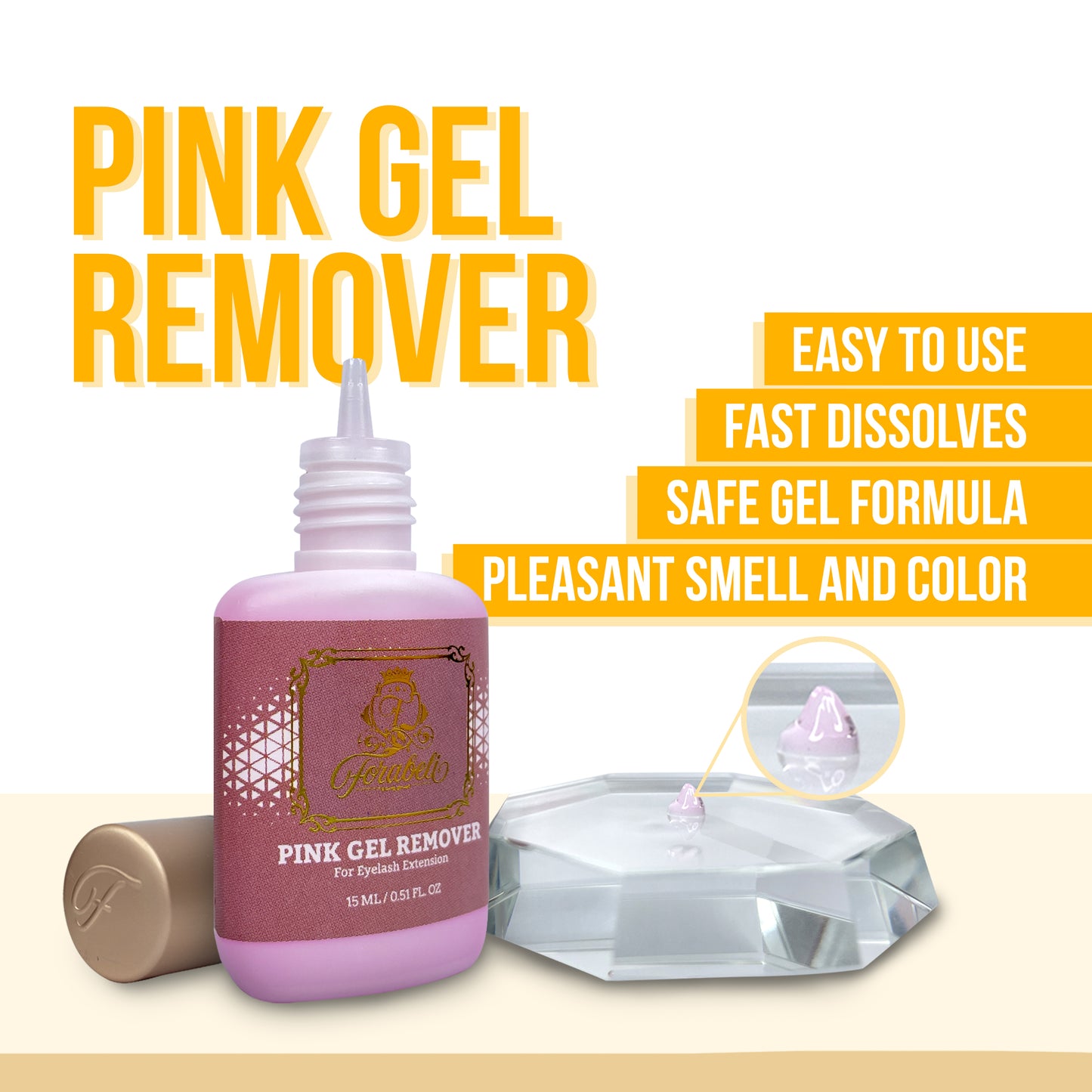 Product image of Forabeli Eyelash Extension Glue Remover, a pink gel lash remover that is GBL free, gentle on eyelashes, and effectively dissolves lash extension adhesive. It is a safe and easy-to-apply lash glue cleaner.