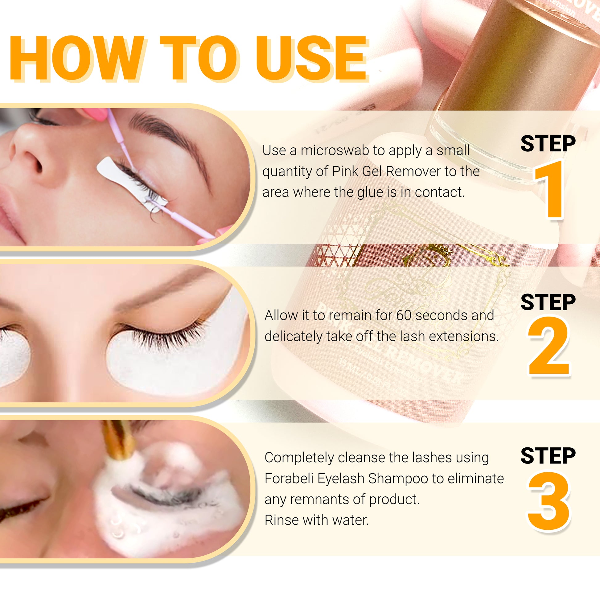 How to use Product image of Forabeli Eyelash Extension Glue Remover, a pink gel lash remover that is GBL free, gentle on eyelashes, and effectively dissolves lash extension adhesive. It is a safe and easy-to-apply lash glue cleaner.