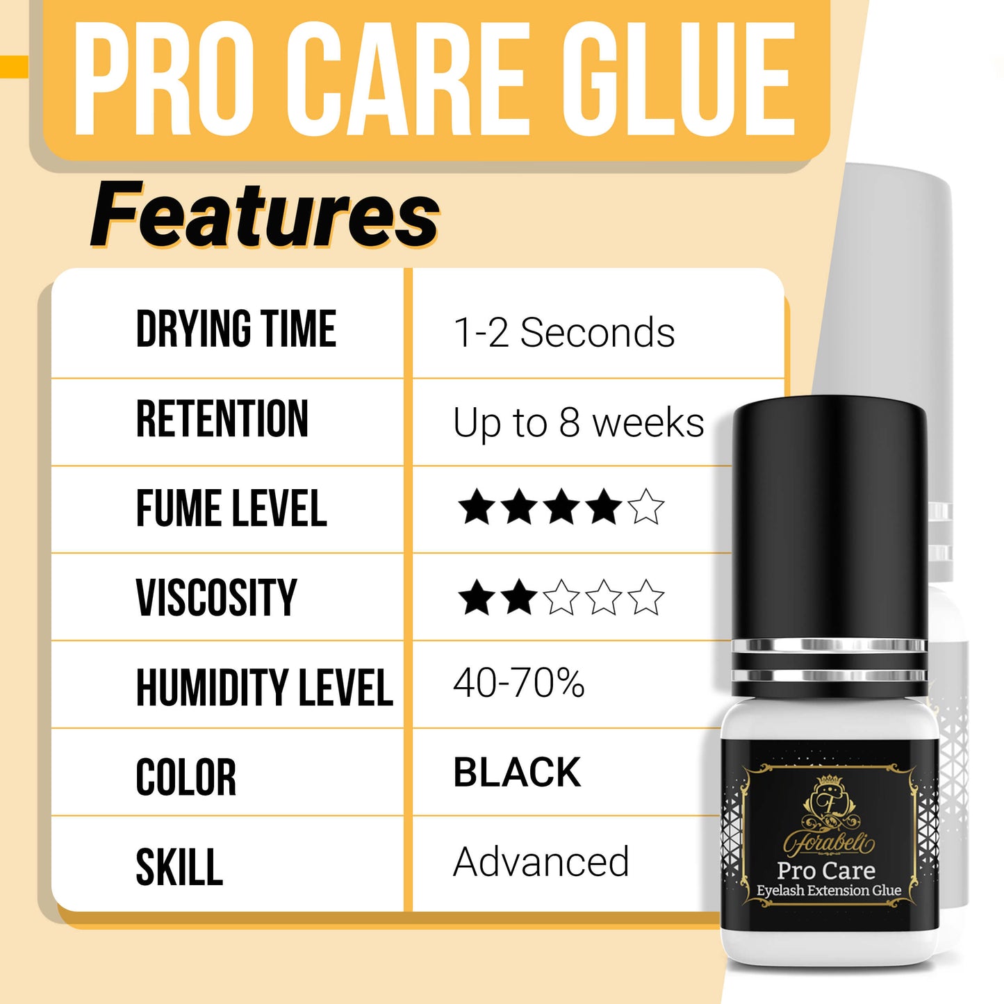 Procare eyelash extension glue with a drying time of 1-2 seconds, remarkable retention lasting up to 8 weeks. Features moderate fume levels, thin viscosity for a natural look, and is ideal for 40-70% relative humidity and 70-74°F (21-23°C). Classic black color, designed for certified lash technicians, water & sweat-resistant formula. Latex, cruelty, and formaldehyde-free.