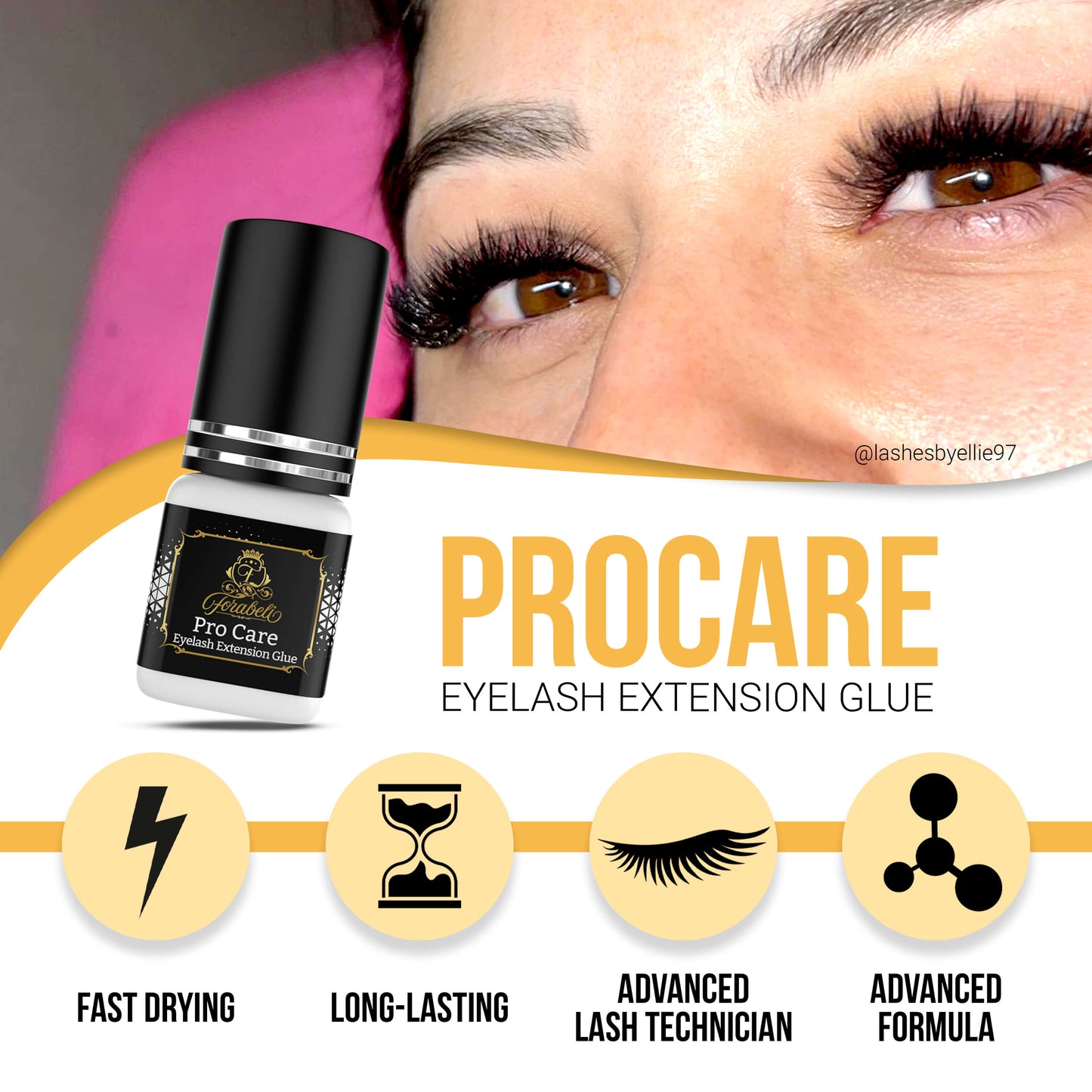 Procare eyelash extension glue with fast-drying feature, long-lasting hold, designed for advanced lash technicians, and formulated with an advanced adhesive formula.