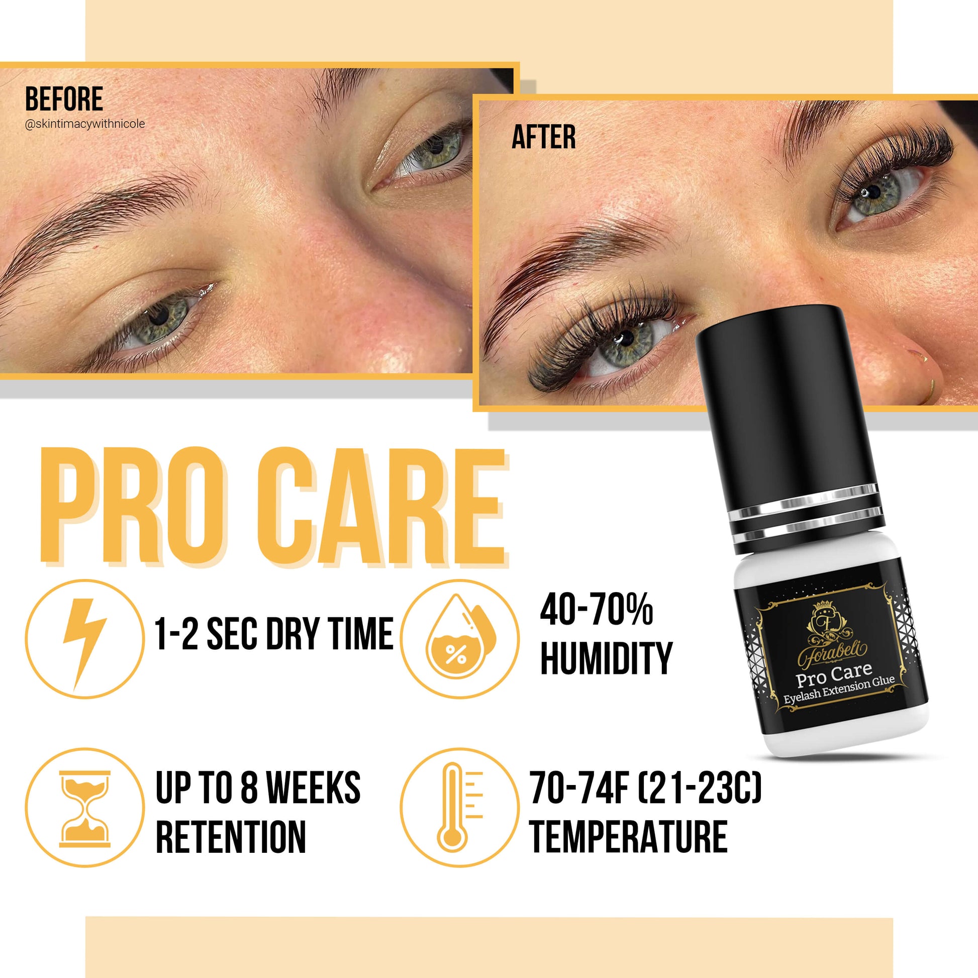 Elite eyelash extension glue with a rapid drying time of 1 - 2 second, impressive retention lasting up to 8 weeks. Ideal for environments with 40-70% relative humidity and temperatures between 70-74°F (21-23°C).