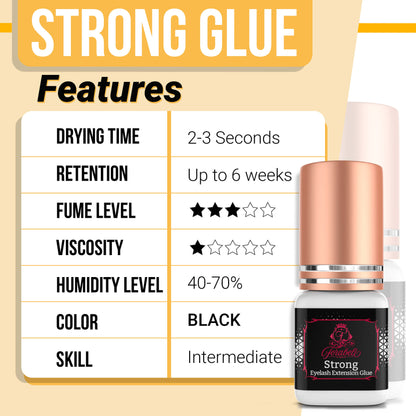 Strong eyelash extension glue with Drying time of 2-3 seconds, impressive retention up to 6 weeks, moderate fume level, thin viscosity for a natural look. Ideal for 40-70% relative humidity and 70-74°F (21-23°C), classic black color. Suitable for both beginners and professionals, water & sweat-resistant formula. Free from latex, cruelty, and formaldehyde."