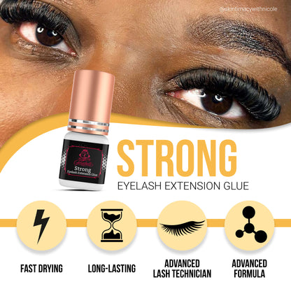 Strong eyelash extension glue with fast-drying feature, long-lasting hold, designed for advanced lash technicians, and formulated with an advanced adhesive formula.