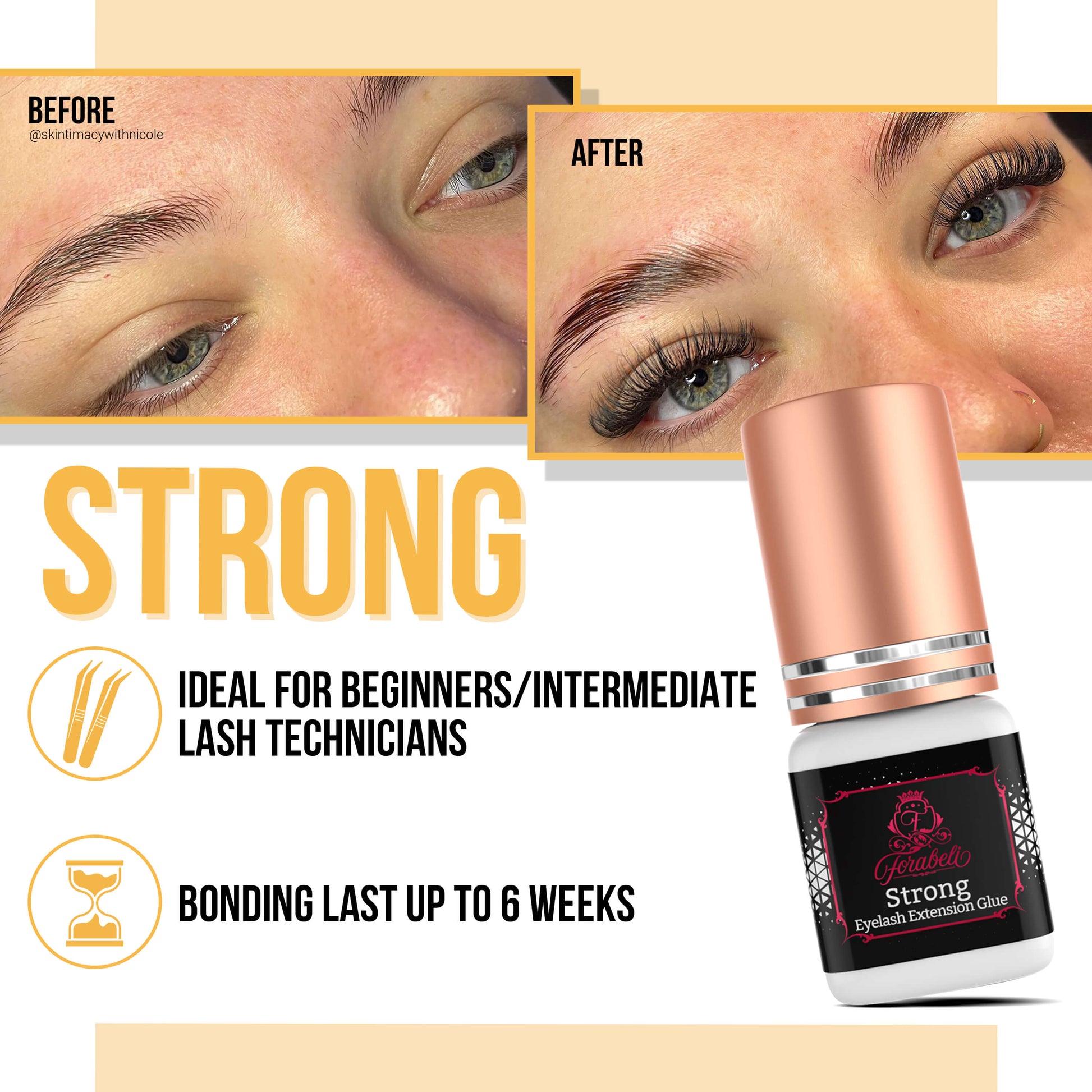 Suitable for lash technicians at beginner and intermediate levels, offering a bonding duration of up to 6 weeks.